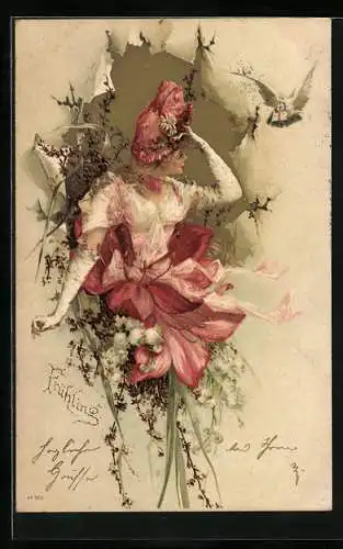 AK Frühling, Junge Frau im Kleid und Brieftaube durch zerrissenes Papier, Jugendstil