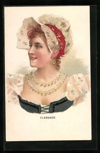 Lithographie Flamande, Junge Frau mit Haube im Dirndl, Jugendstil