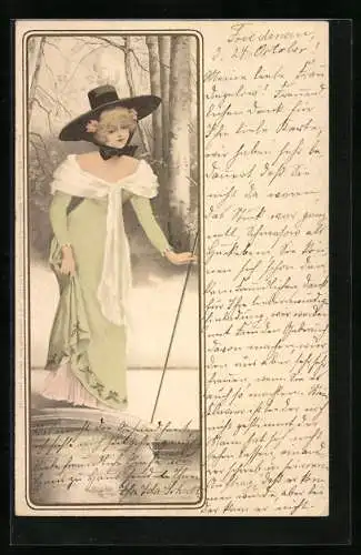 Künstler-AK Meissner & Buch (M&B) Nr. 1053: elegant gekleidetes Fräulein beim Spaziergang am Flussufer, Jugendstil