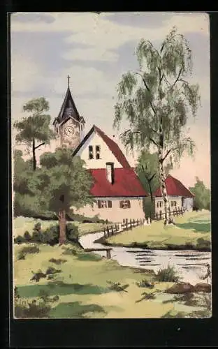 Künstler-AK Handgemalt: Flusspartie mit Kirche