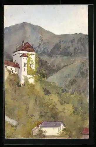 Künstler-AK Handgemalt: Turmgebäude im Gebirge