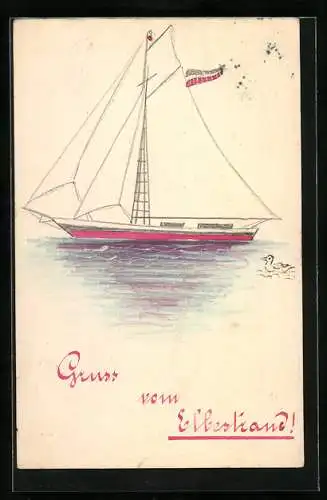 Künstler-AK Handgemalt: Elbestrand, Segelschiff mit deutscher Fahne