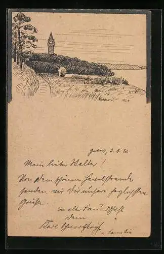 Künstler-AK Handgemalt: Berlin, Grunewaldturm mit Wasserblick