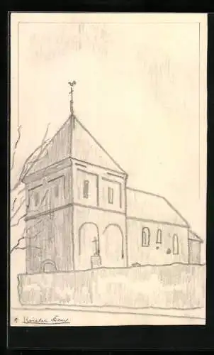 Künstler-AK Handgemalt: Kirche mit Mauer