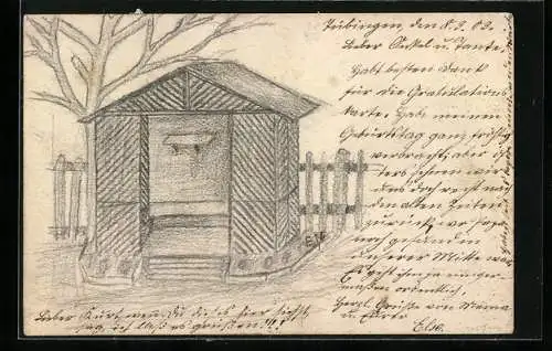 Künstler-AK Handgemalt: Schutzhütte mit Lattenzaun