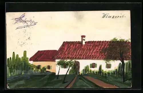 Künstler-AK Handgemalt: Winzerei mit Bäumen