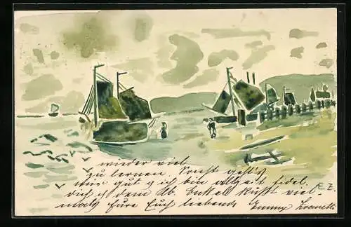 Künstler-AK Handgemalt: Hafenpartie mit Segelbooten