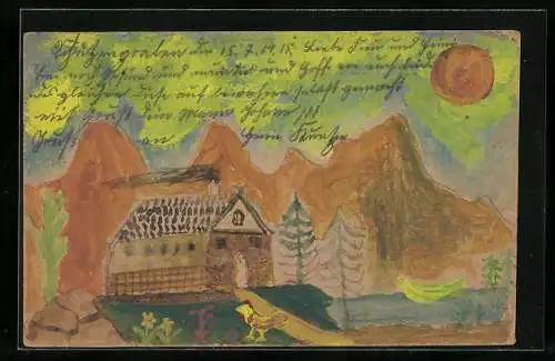 Künstler-AK Handgemalt: Haus vor Bergpanorama und Sonne