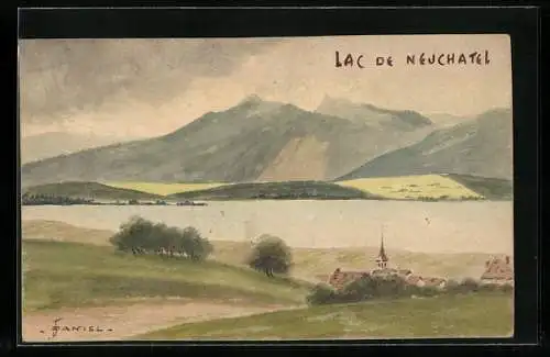 Künstler-AK Handgemalt: Lac de Neuchatel mit Ort und Bergen