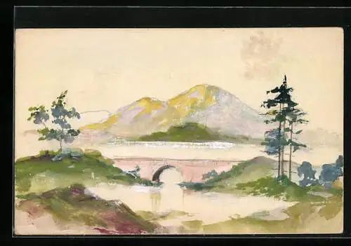 Künstler-AK Handgemalt: Brücke und Gewässer vor Bergpanorama