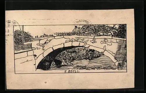 Künstler-AK Handgemalt: Brücke und bäuerlicher Leiterwagen