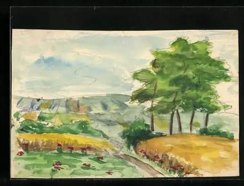 Künstler-AK Handgemalt: Landschaft mit roten Blumen