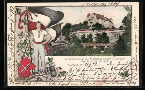 AK Nürnberg, 10, Deutsches Turnfest 1903, Sportler mit Flagge, Gut Heil, Schloss-Ansicht