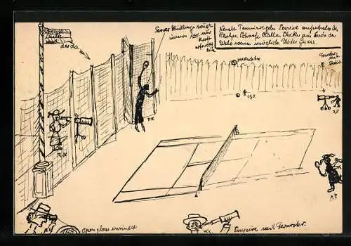 Künstler-AK Handgemalt: Eingezäuntes Tischtennisspiel mit Zuschauern