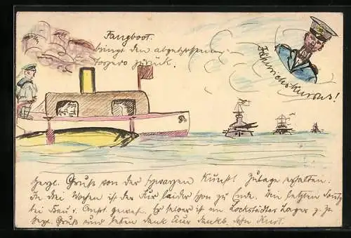 Künstler-AK Handgemalt: Fangboot bringt den abgeschossenen Torpedo zurück