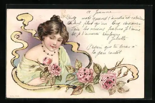 AK Dame in grünem Kleid mit pinken Rosen, Jugendstil