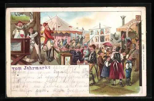 Lithographie Leierkastenmann auf einem Volksfest