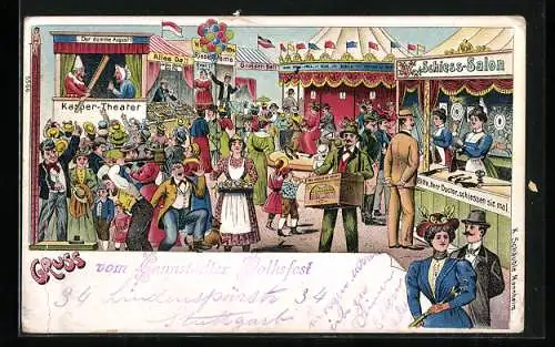 Künstler-AK Volksfest, Leierkastenmann auf dem Festplatz mit Schiessbude und Karussel