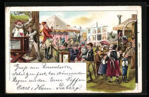 Lithographie Leierkastenmann auf einem Volksfest