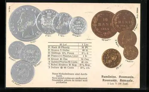 AK Rumänien, Geld Münzen mit König Carol von Rumänien
