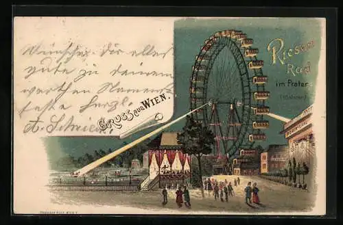 Lithographie Wien, Wiener Prater, Riesenrad und Bootsteich bei Nacht