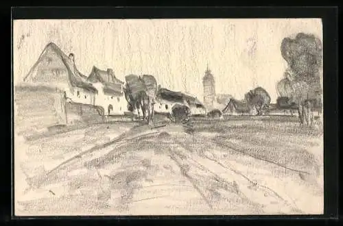 Künstler-AK Handgemalt: Idyllisches Dorf mit Kirche