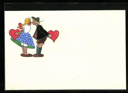 Künstler-AK Handgemalt: Liebespaar in Tracht beim Kuss