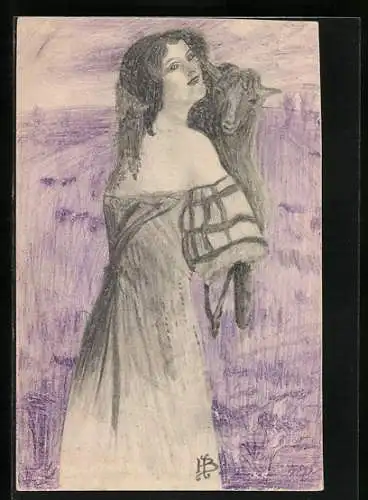 Künstler-AK Handgemalt: Frau mit Lamm, Jugendstil