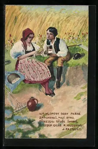 Künstler-AK Handgemalt: Mann und Frau in Tracht im Feld