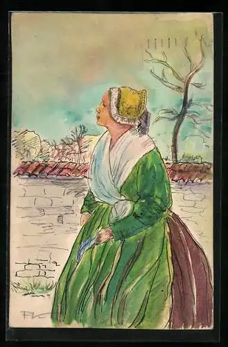Künstler-AK Handgemalt: Frau in Tracht aus Tschechien