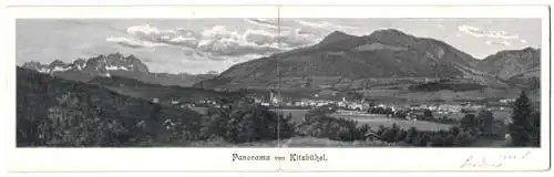 Klapp-AK Kitzbühel, Stöckls Gasthof zum schwarzen Adler, Panoramablick auf Ort und Gebirge