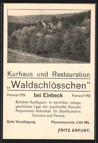 AK Einbeck, Kurhaus und Restaurant Waldschlösschen, Bes. Fritz Erfurt
