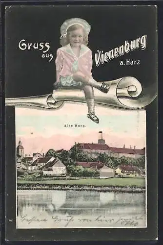 Passepartout-AK Vienenburg a. Harz, Panorama mit alter Burg, Mädchen auf Papier-Rolle
