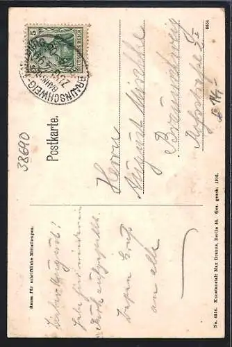 Passepartout-AK Vienenburg a. Harz, Panorama mit alter Burg, Mädchen auf Papier-Rolle