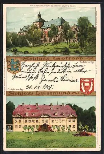 Lithographie Schleswig, Schloss Gottrop, Schloss Luisenlund
