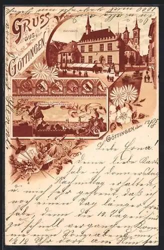 Lithographie Göttingen, Ortspartie mit Rathaus