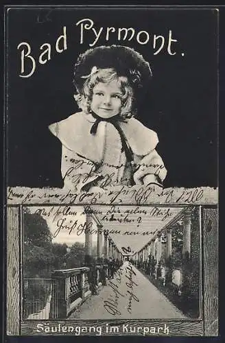 Passepartout-AK Bad Pyrmont, Säulengang im Kurpark, Mädchen mit Hut