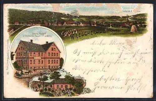 Lithographie Wrescherode /Gandersheim, Gaststätte zum Deutschen Haus J. Blötz mit Garten, Ortspanorama