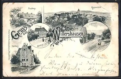 Künstler-AK Willershausen / Harz, Gesamtansicht mit Posthaus und Strasse