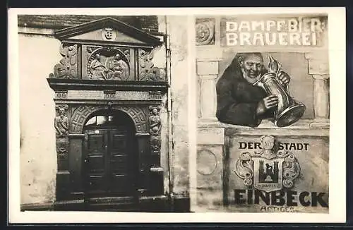 AK Einbeck, Dampf-Bier-Brauerei der Stadt, Portal, Mönch mit Bierkrug, Wappen