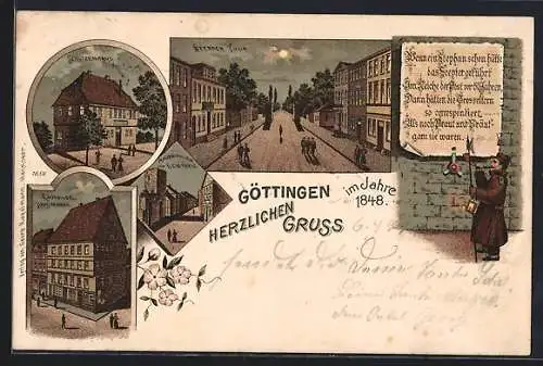 Mondschein-Lithographie Göttingen, Stadtansichten 1848: Schützenhaus, Weender Thor, Nachtwächter