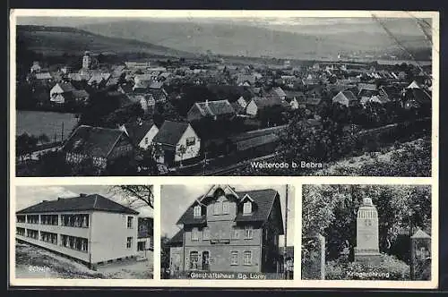 AK Weiterode /Bebra, Geschäftshaus Lorey, Schule, Ortsansicht aus der Vogelschau