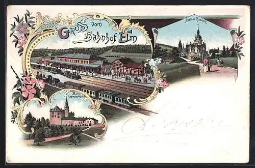 Lithographie Elm, Bahnhof, Eisenbahn, Schloss Ramholz, Burg Brandenstein