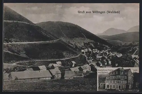 AK Willingen /Waldeck, Gasthof zum Fürsten von Waldeck, Ortsansicht mit Bergen aus der Vogelschau