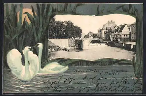 Lithographie Hann. Münden, Flusspartie mit Brücke, Schwanenpaar im Schilf