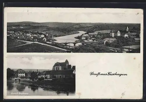 AK Guxhagen, Anstalt Breitenau, Ortsansicht mit Brücke aus der Vogelschau