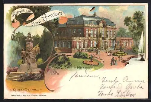 Lithographie Bad Pyrmont, Kurhaus, Kriegerdenkmal