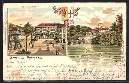 Lithographie Bad Pyrmont, Schloss vom Wasser aus, Brunnenplatz, Wappen