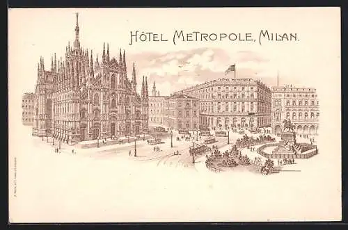 Künstler-AK Milan, Hotel Metropole, Strassenbahnen