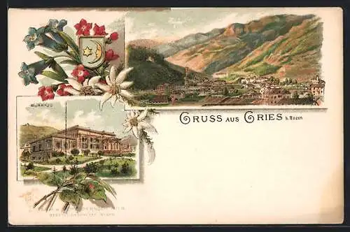 Lithographie Gries b. Bozen, Kurhaus, Ortsansicht aus der Vogelschau